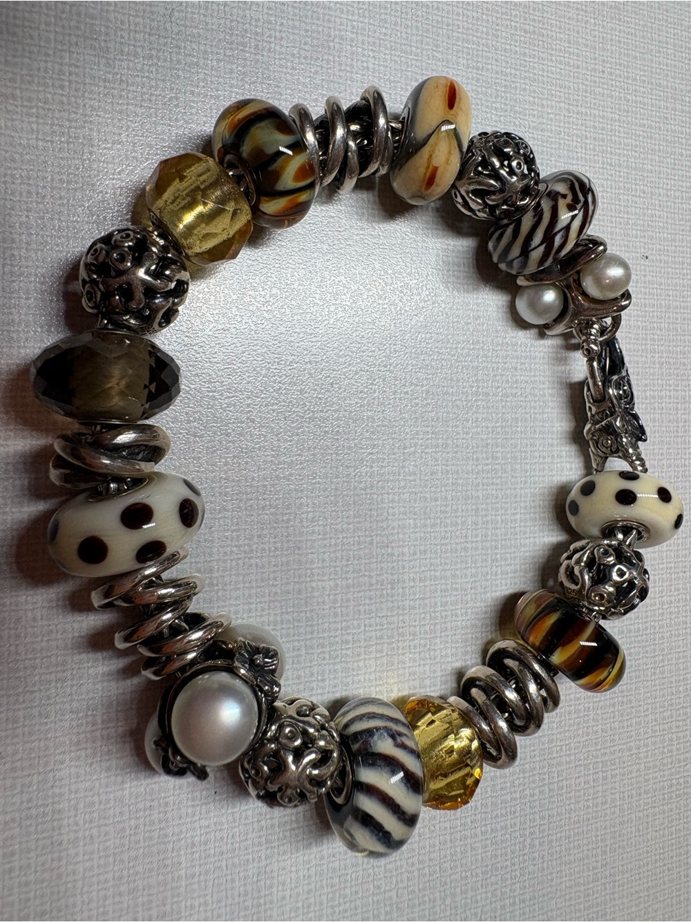 Trollbeads Cream, Black and Amber Glass and Pearl Bead Charm Bracelet